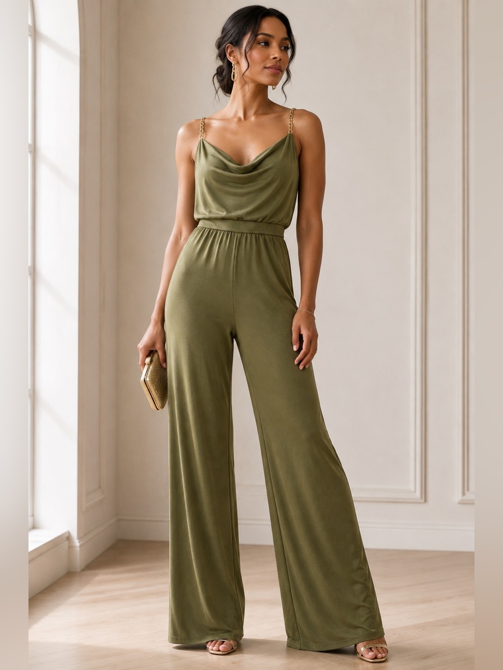 Jason Wu Olive Green Cowl Neck Chain Strap Wide Leg Jumpsuit NWT Large